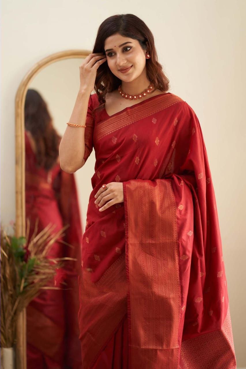 Phenomenally Red Soft Silk Saree With Dreamlike Blouse Piece