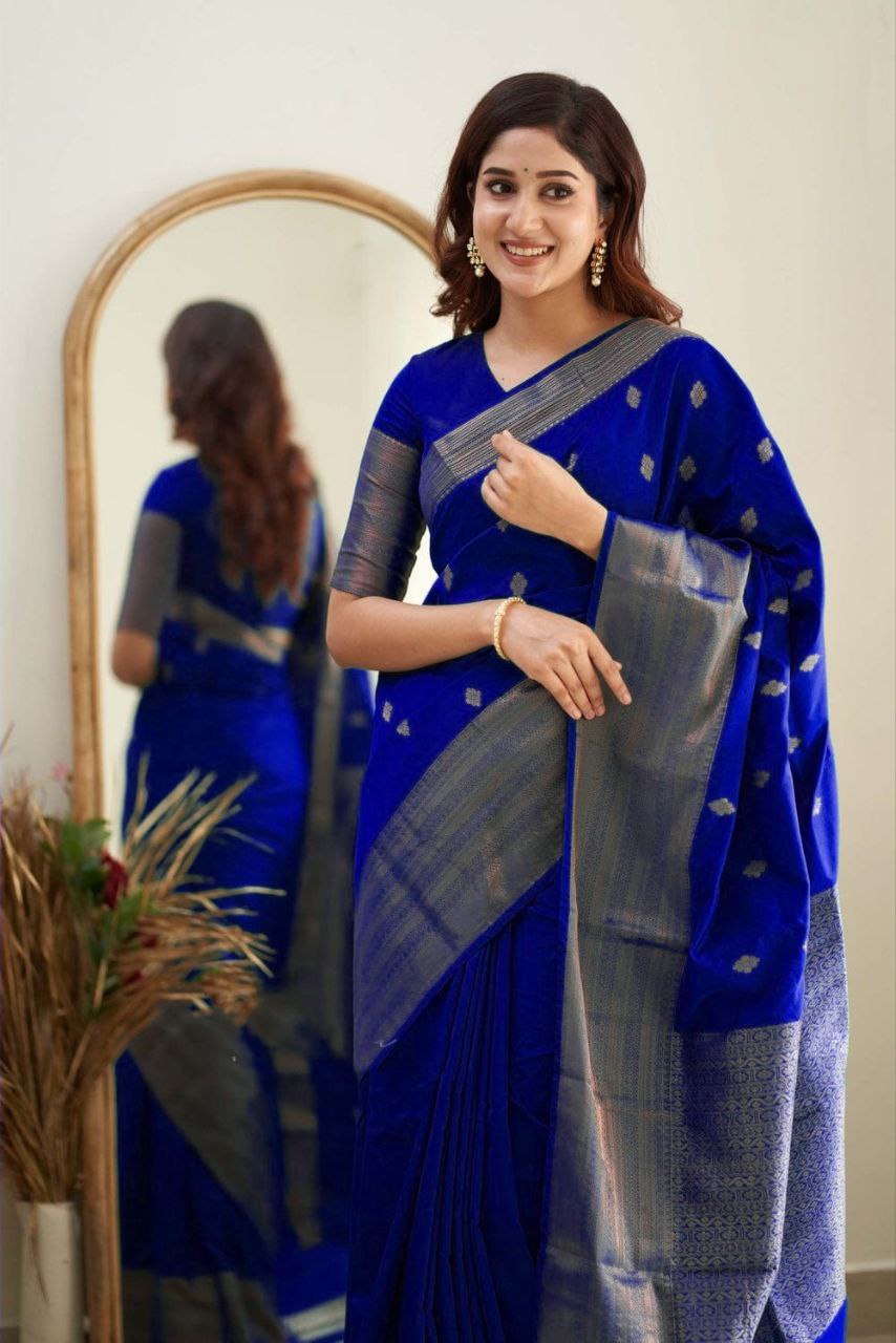 Charmer Royal Blue Soft Silk Saree With Heavenly Blouse Piece