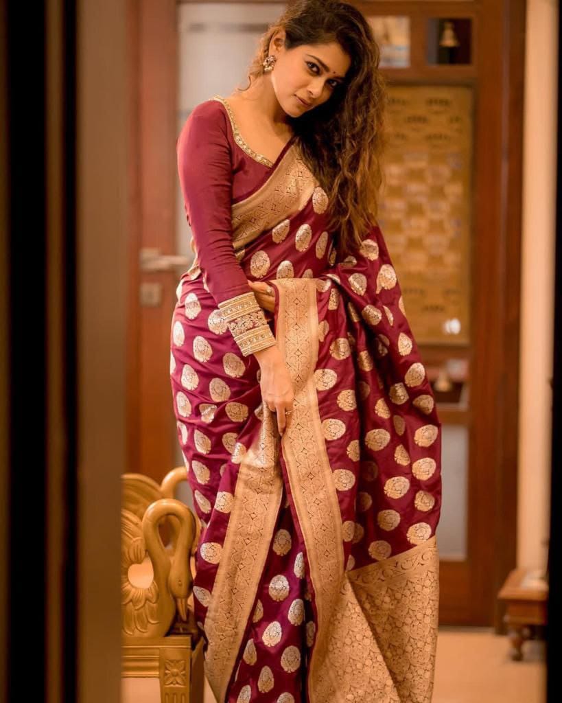 Marvelously Maroon Soft Silk Saree With Fascinates Blouse Piece