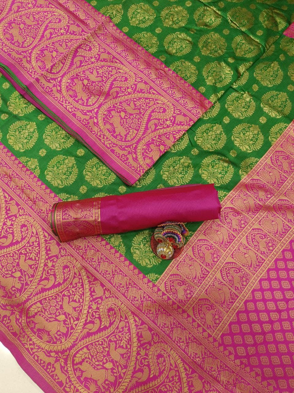 Stunningly Green Soft Silk Saree With Wonderment Blouse Piece