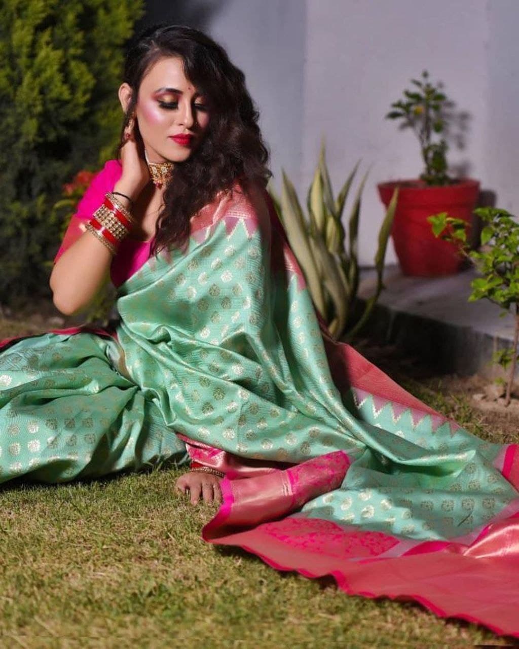 Pleasingness Pista Soft Silk Saree With Sensuously Blouse Piece