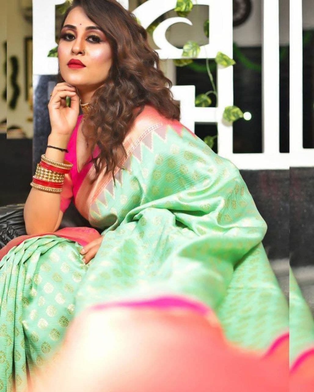 Pleasingness Pista Soft Silk Saree With Sensuously Blouse Piece