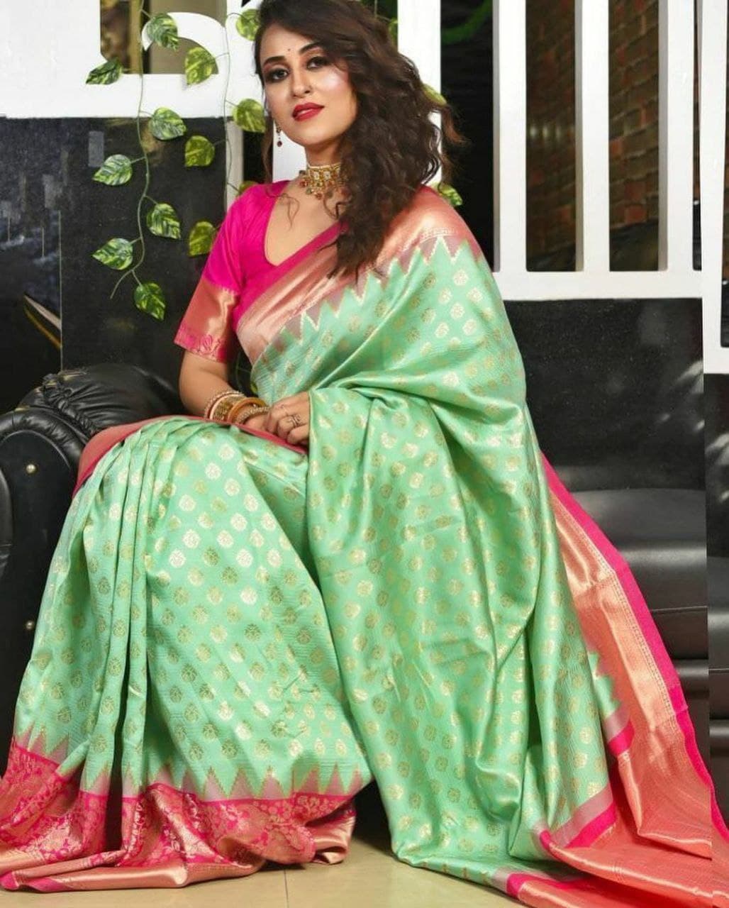 Pleasingness Pista Soft Silk Saree With Sensuously Blouse Piece