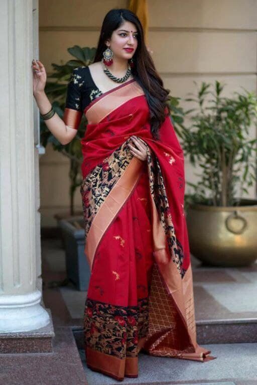 Lovely Red Soft Silk Saree With Stunningly Blouse Piece