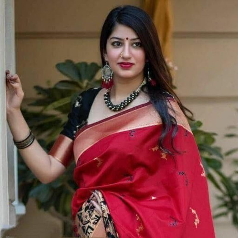 Lovely Red Soft Silk Saree With Stunningly Blouse Piece