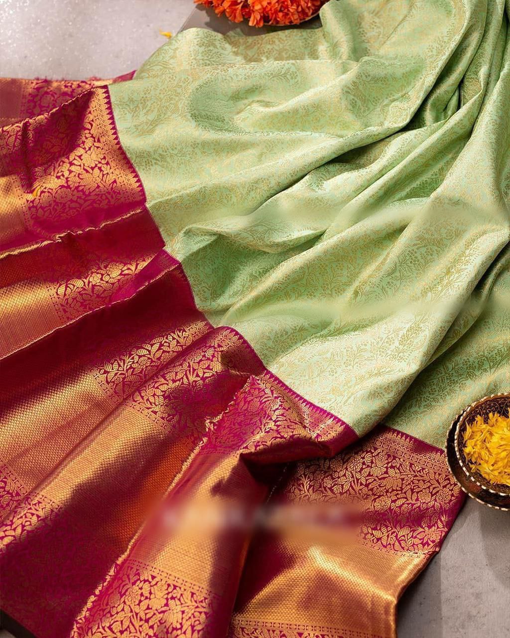 Reputed Pista Soft Silk Saree With Recognized Blouse Piece