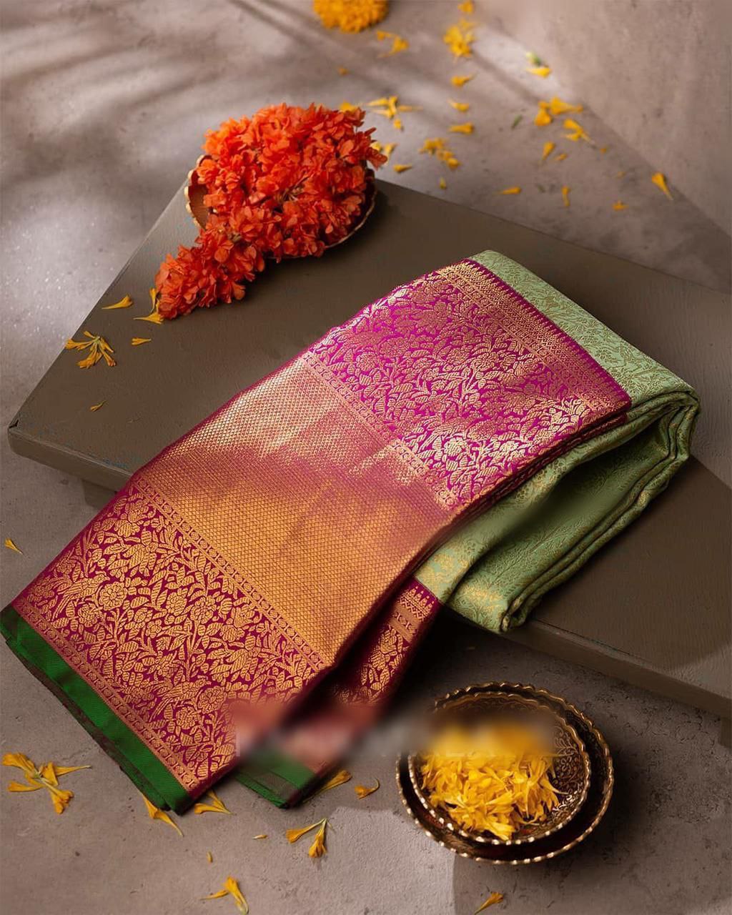 Reputed Pista Soft Silk Saree With Recognized Blouse Piece