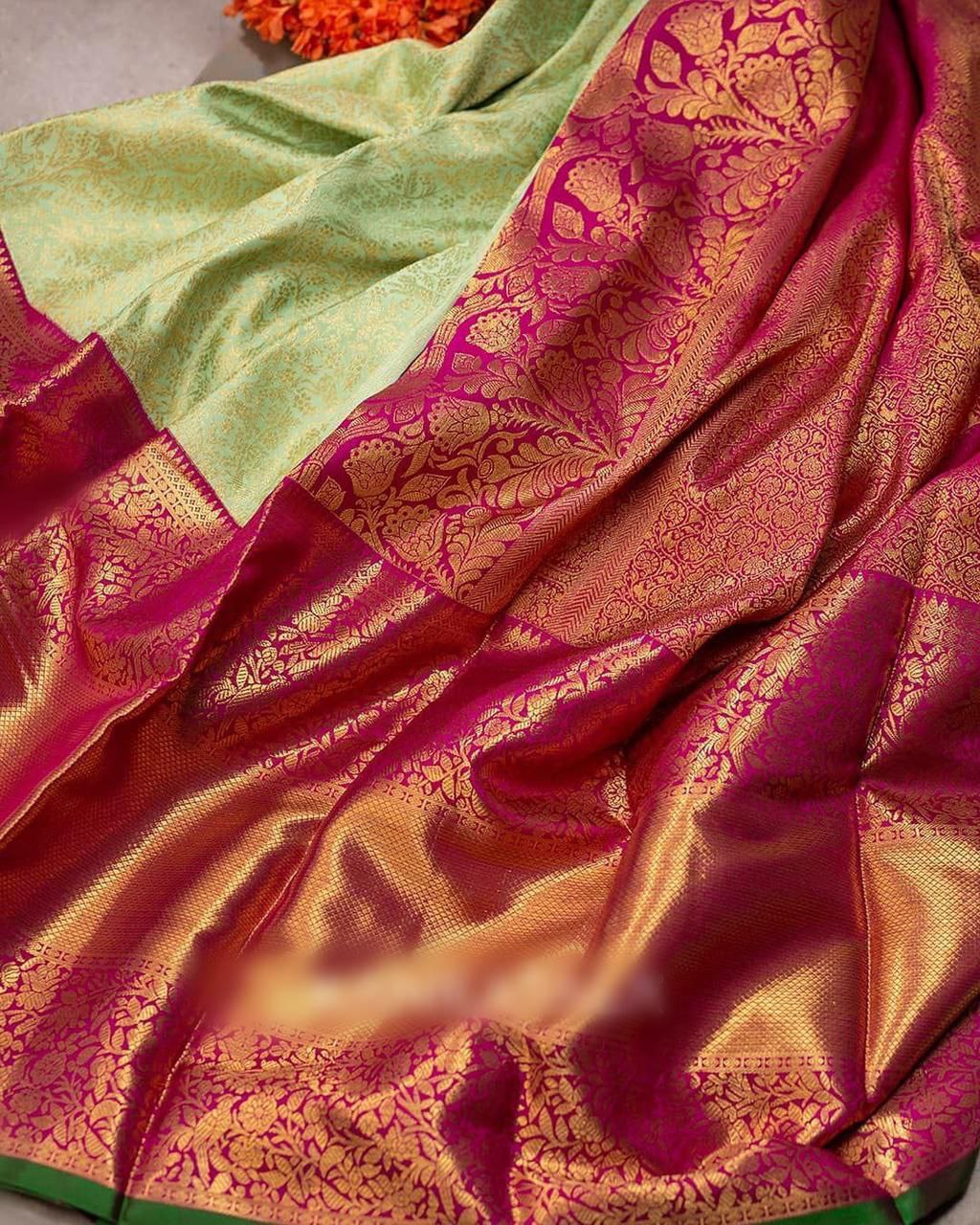 Reputed Pista Soft Silk Saree With Recognized Blouse Piece