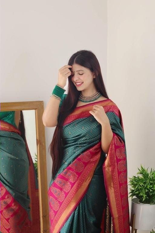 Elegancy Rama Soft Silk Saree With Pleasurably Blouse Piece