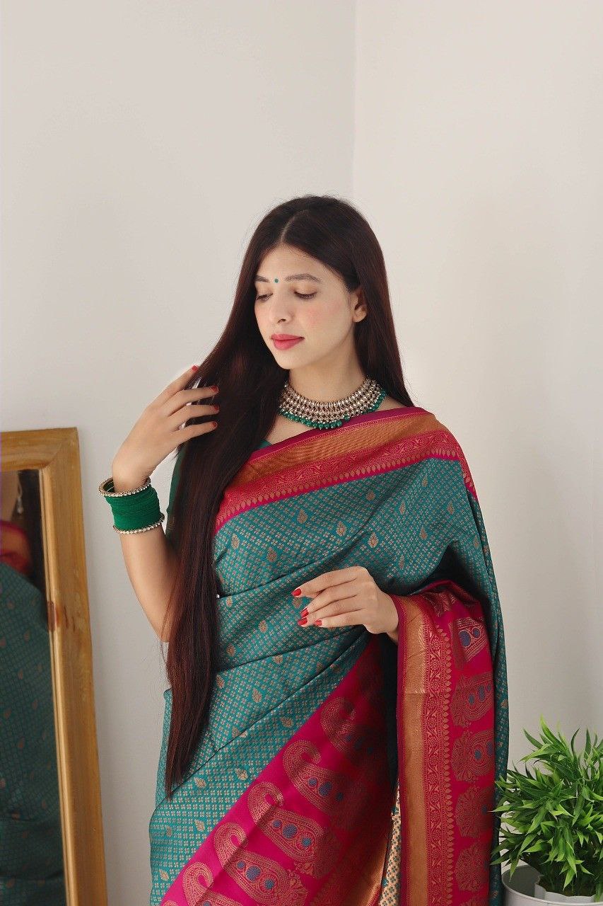 Elegancy Rama Soft Silk Saree With Pleasurably Blouse Piece