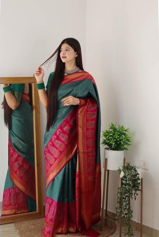 Elegancy Rama Soft Silk Saree With Pleasurably Blouse Piece