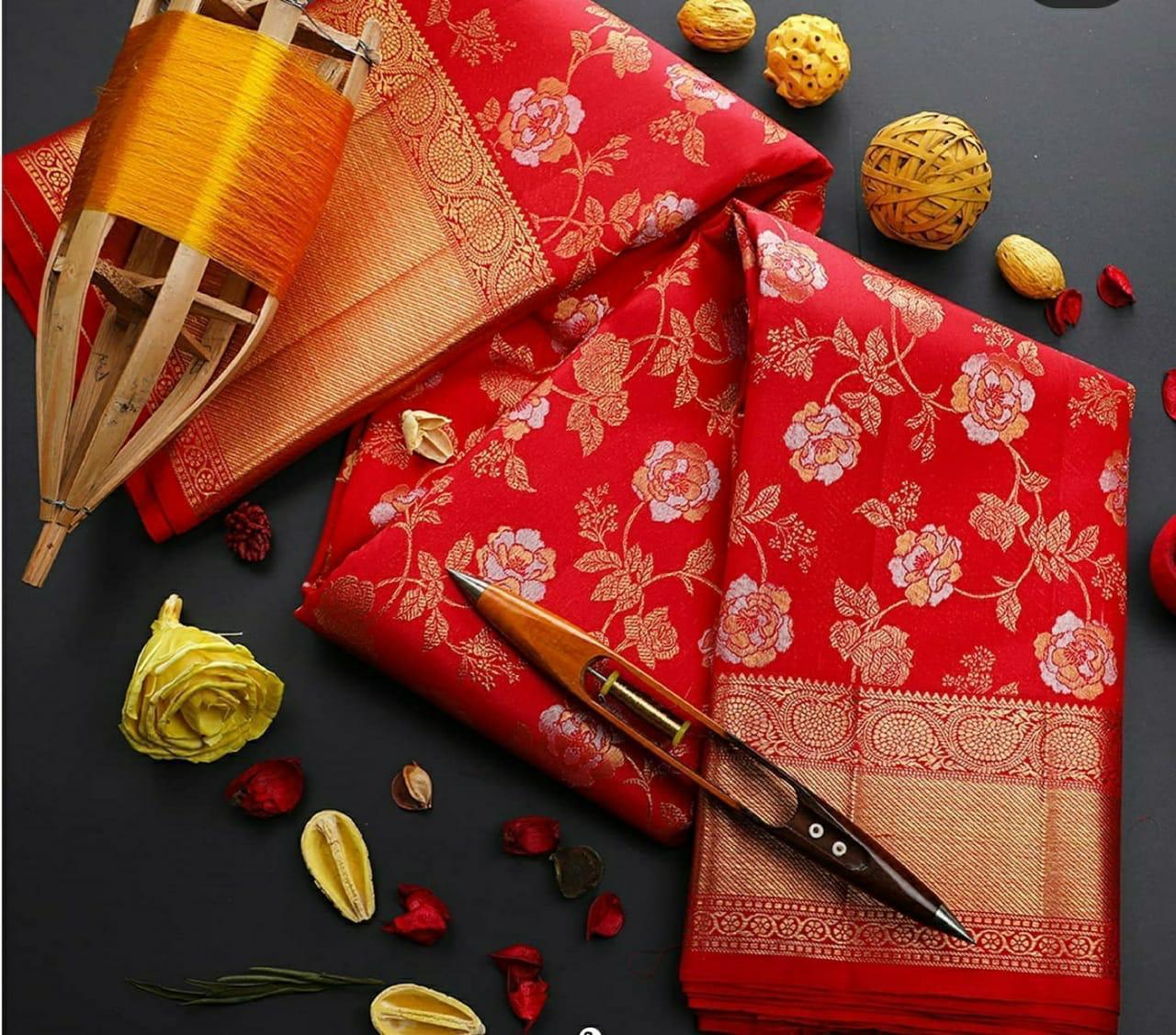 Virtuosity Red Soft Silk Saree With Glintingly Blouse Piece