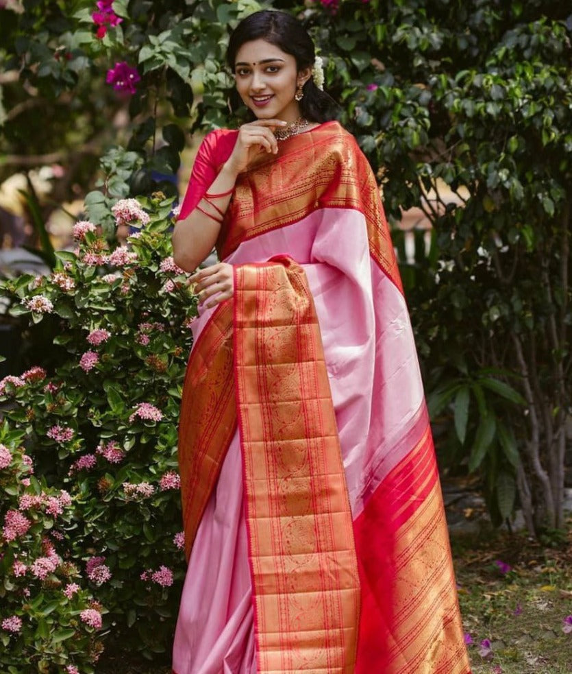 Captivating Pink Soft Silk Saree With Alluring Blouse Piece
