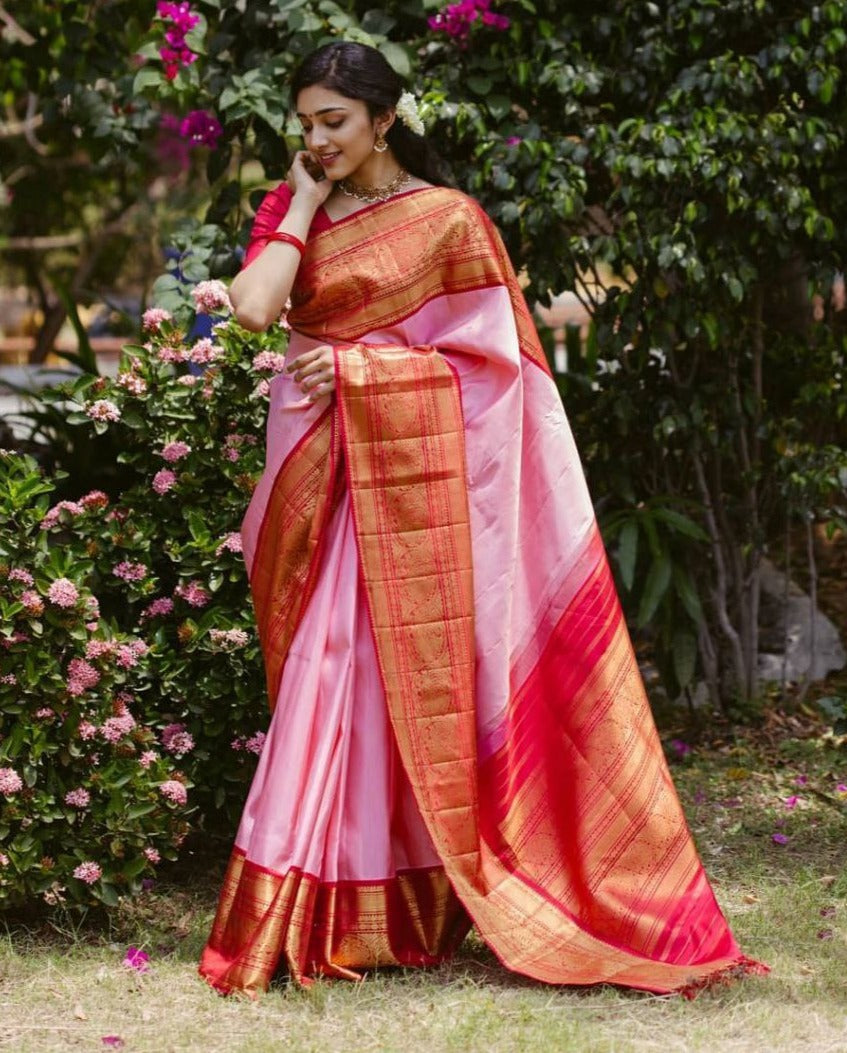 Captivating Pink Soft Silk Saree With Alluring Blouse Piece