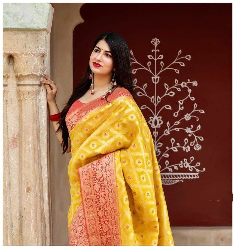 Enticement Yellow Soft Silk Saree With Marvelously Blouse Piece