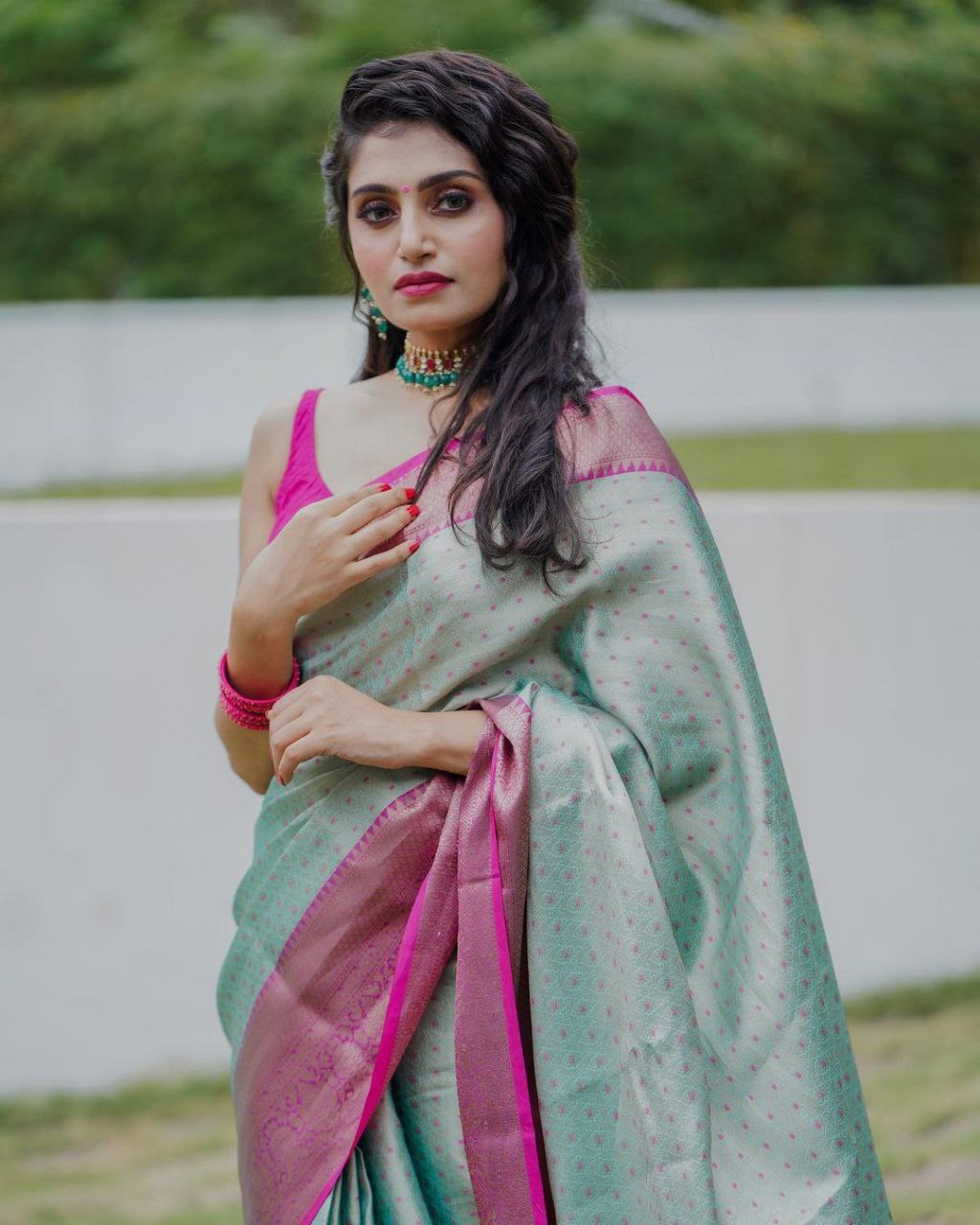 Fragrant Pista Soft Silk Saree With Symmetry Blouse Piece