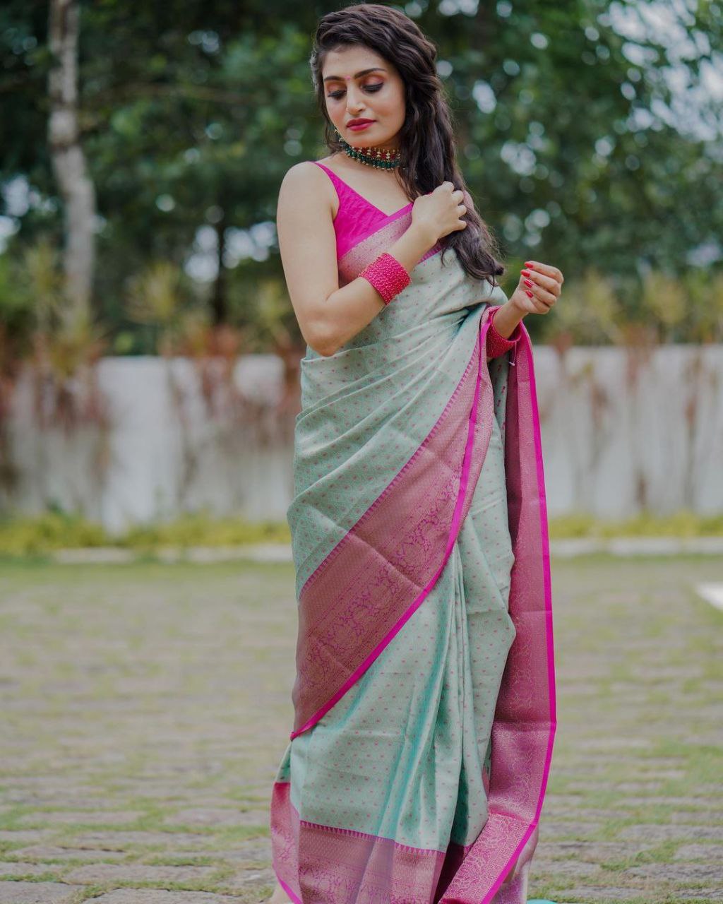 Fragrant Pista Soft Silk Saree With Symmetry Blouse Piece