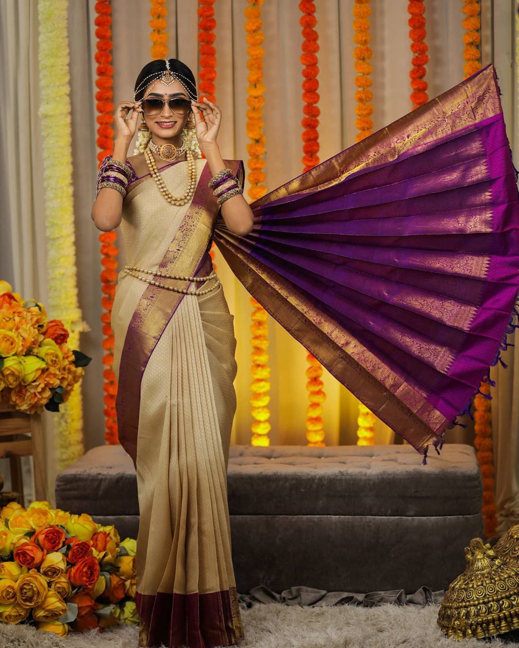 Ephemeral Beige Soft Silk Saree With Majesty Blouse Piece