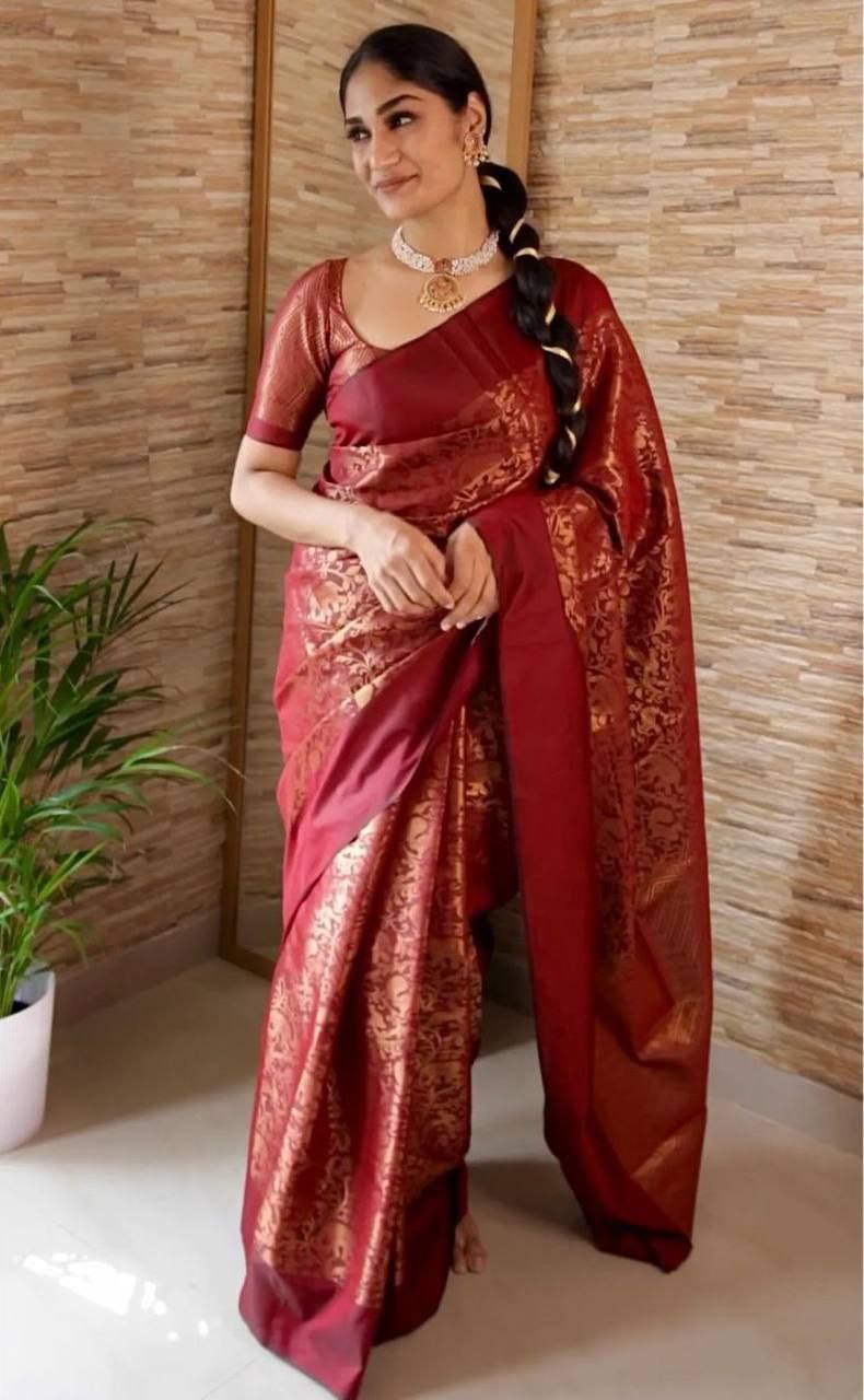 Prodigal Maroon Soft Silk Saree With Designer Blouse Piece