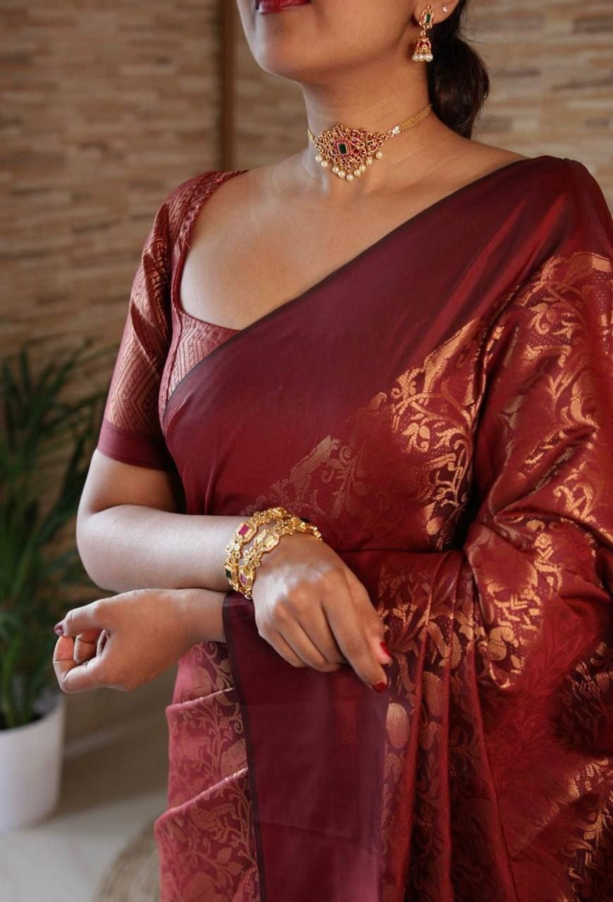 Prodigal Maroon Soft Silk Saree With Designer Blouse Piece