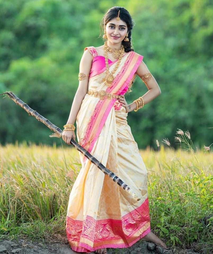 Profuse Beige Soft Silk Saree With Devastating Blouse Piece