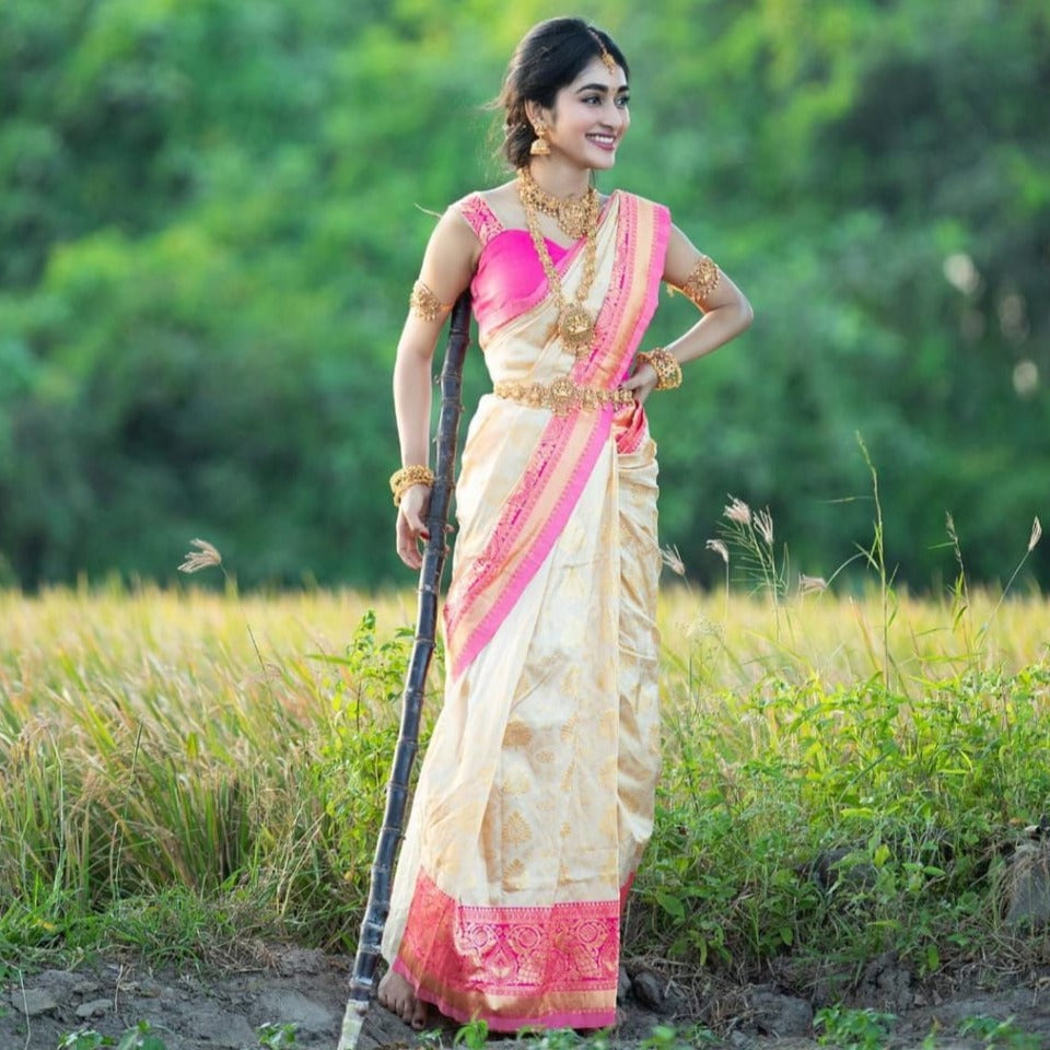 Profuse Beige Soft Silk Saree With Devastating Blouse Piece