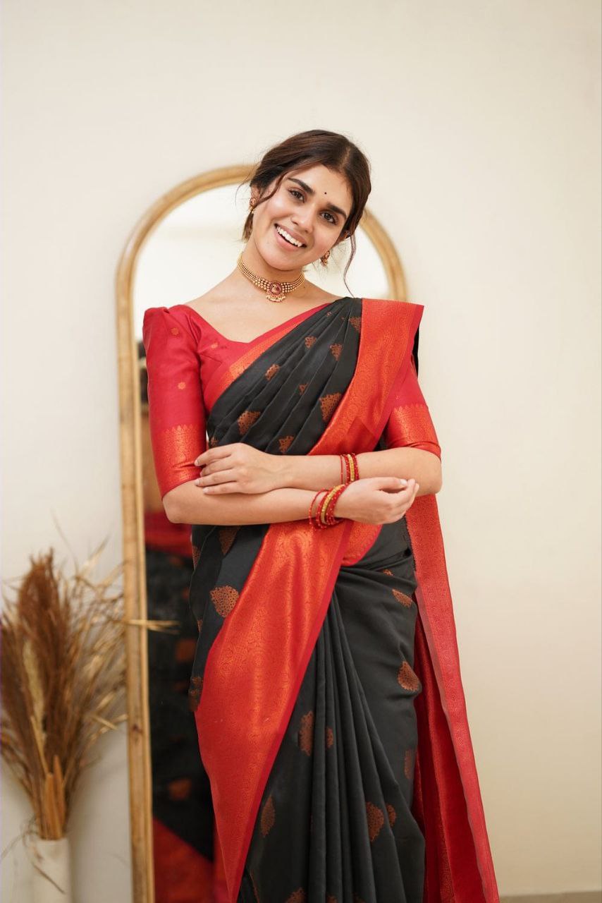 Sovereign Black Soft Silk Saree With Dignified Blouse Piece