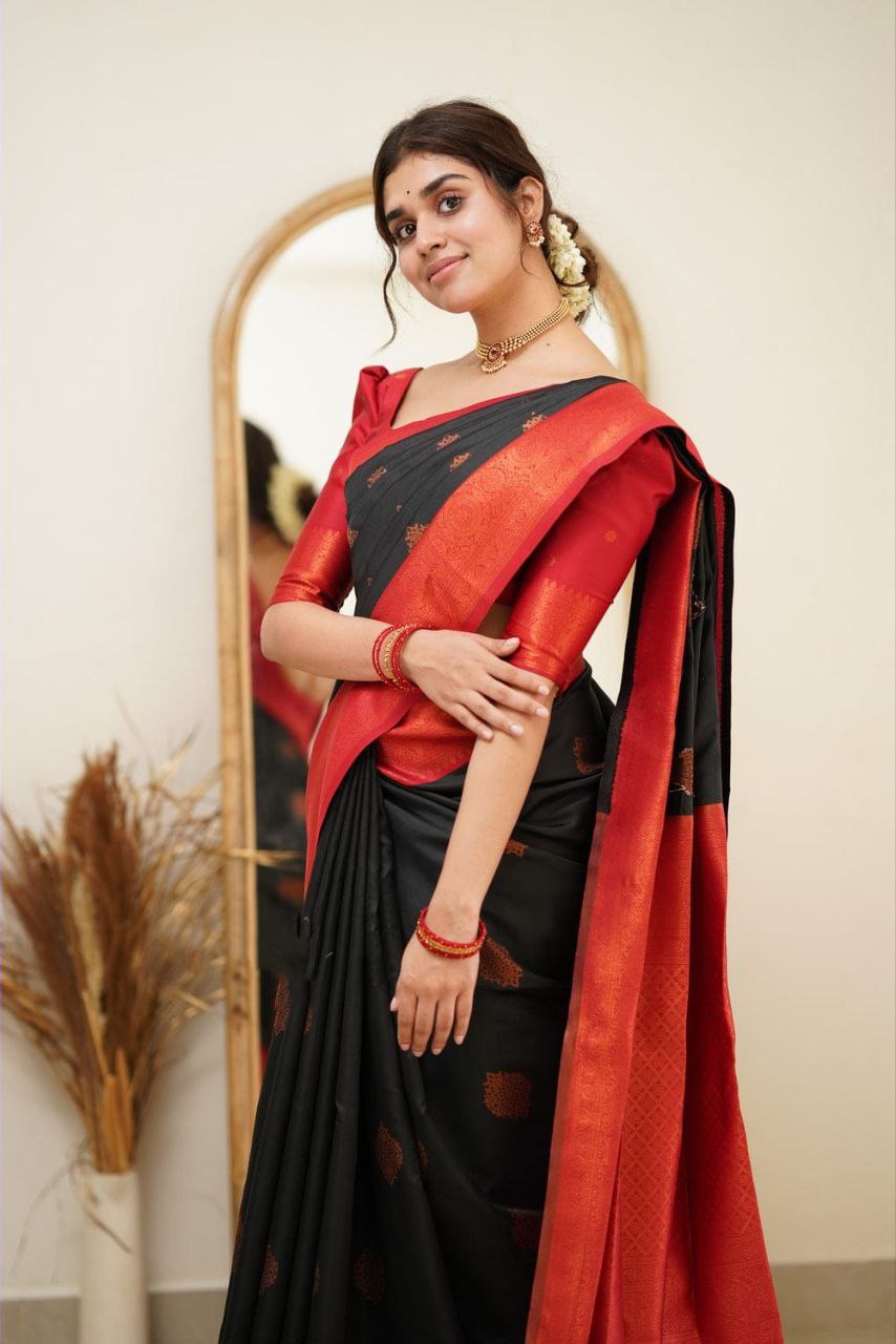 Sovereign Black Soft Silk Saree With Dignified Blouse Piece