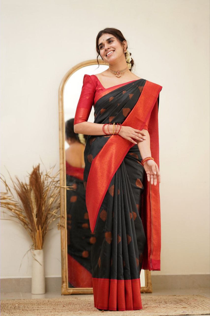 Sovereign Black Soft Silk Saree With Dignified Blouse Piece