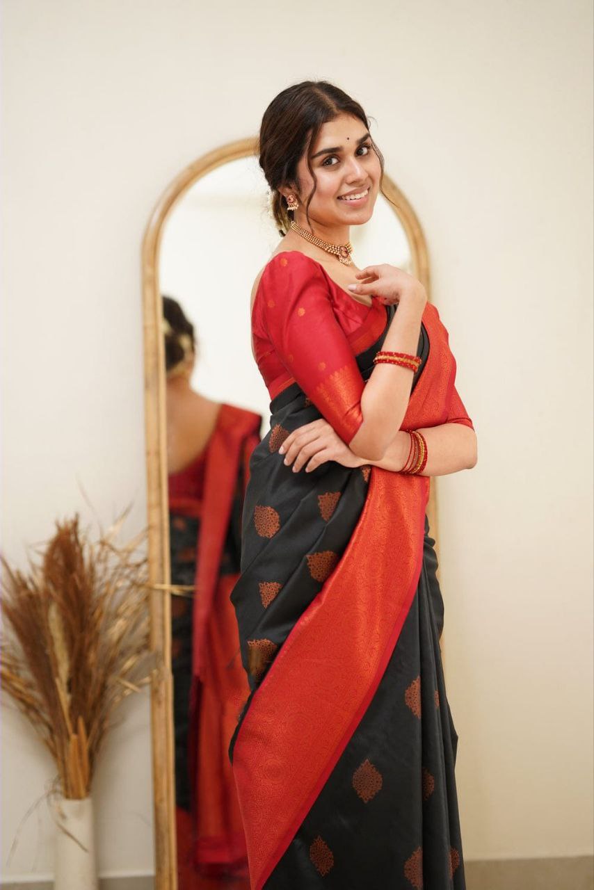 Sovereign Black Soft Silk Saree With Dignified Blouse Piece