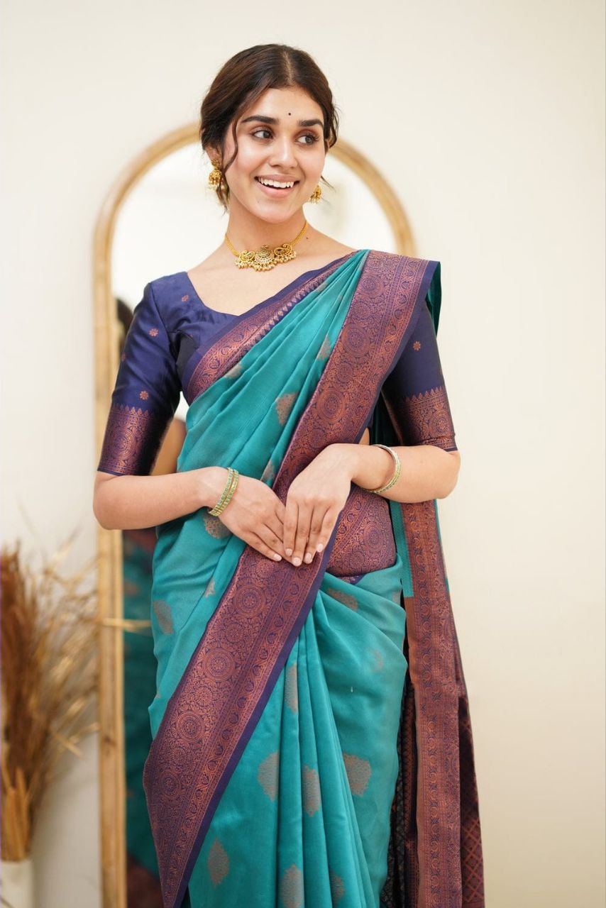 Statuesque Firozi Soft Silk Saree With Dignified Blouse Piece