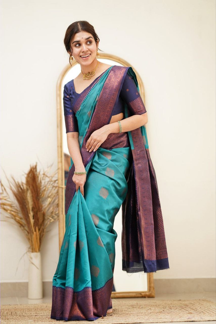 Statuesque Firozi Soft Silk Saree With Dignified Blouse Piece