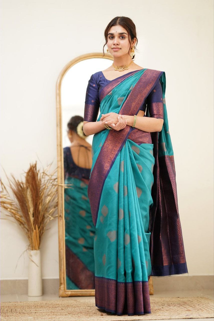 Statuesque Firozi Soft Silk Saree With Dignified Blouse Piece