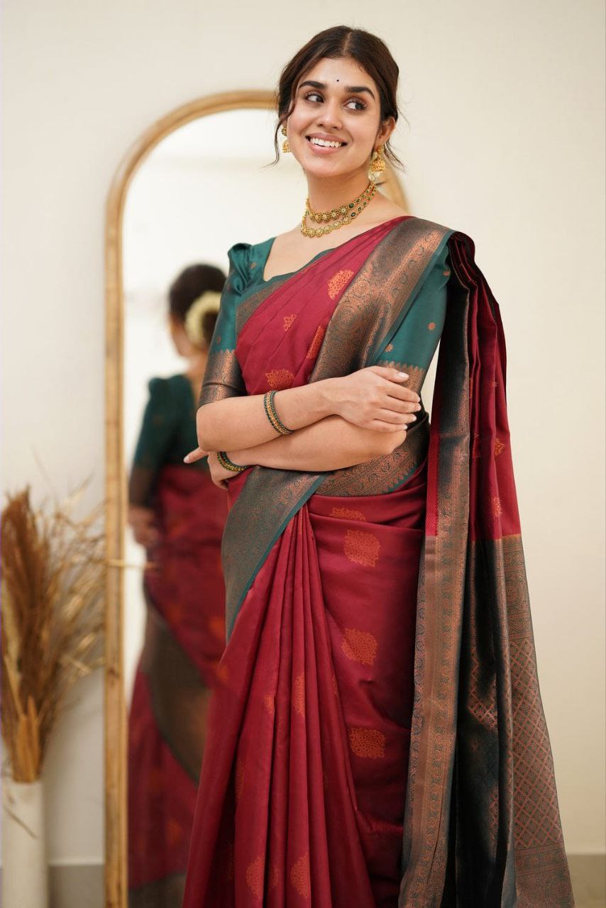 Elegant Maroon Soft Silk Saree With Dignified Blouse Piece