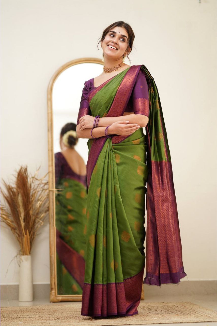 Stately Mehndi Soft Silk Saree With Dignified Blouse Piece