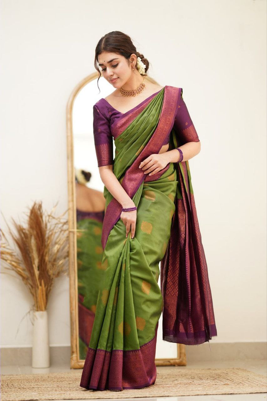 Stately Mehndi Soft Silk Saree With Dignified Blouse Piece