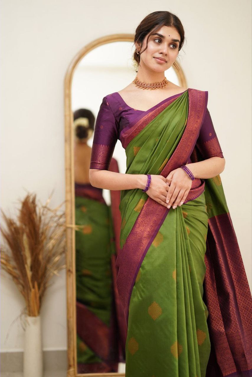 Stately Mehndi Soft Silk Saree With Dignified Blouse Piece