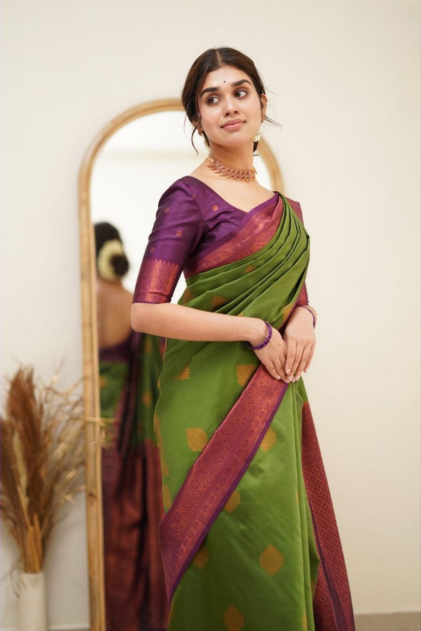 Stately Mehndi Soft Silk Saree With Dignified Blouse Piece