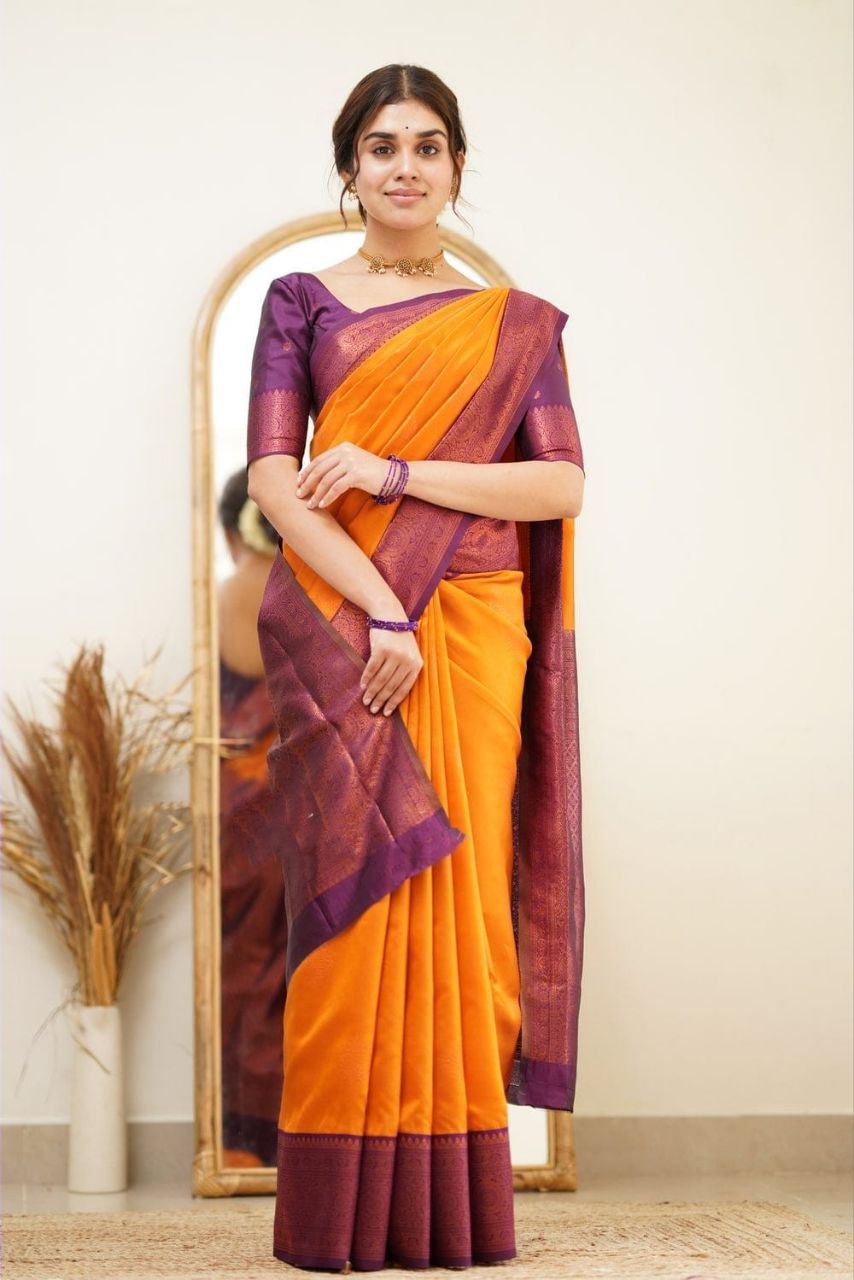 Graceful Yellow Soft Silk Saree With Dignified Blouse Piece