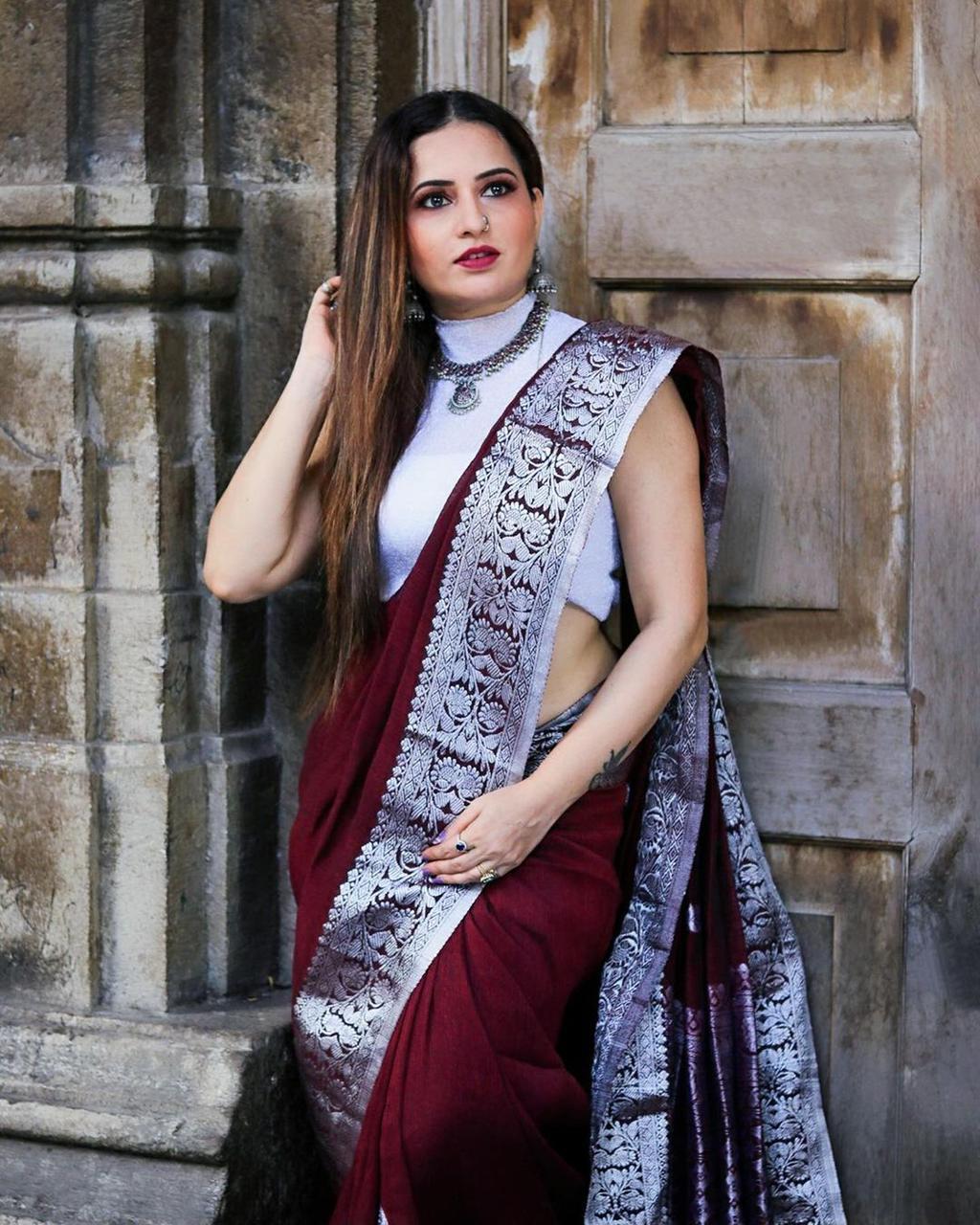 Exceptional Wine Soft Silk Saree With Masterful Blouse Piece