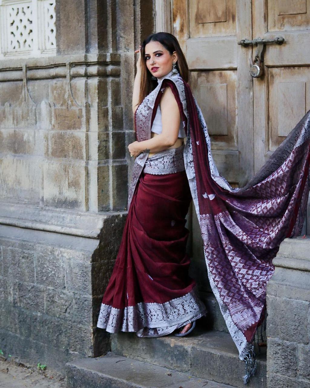 Exceptional Wine Soft Silk Saree With Masterful Blouse Piece