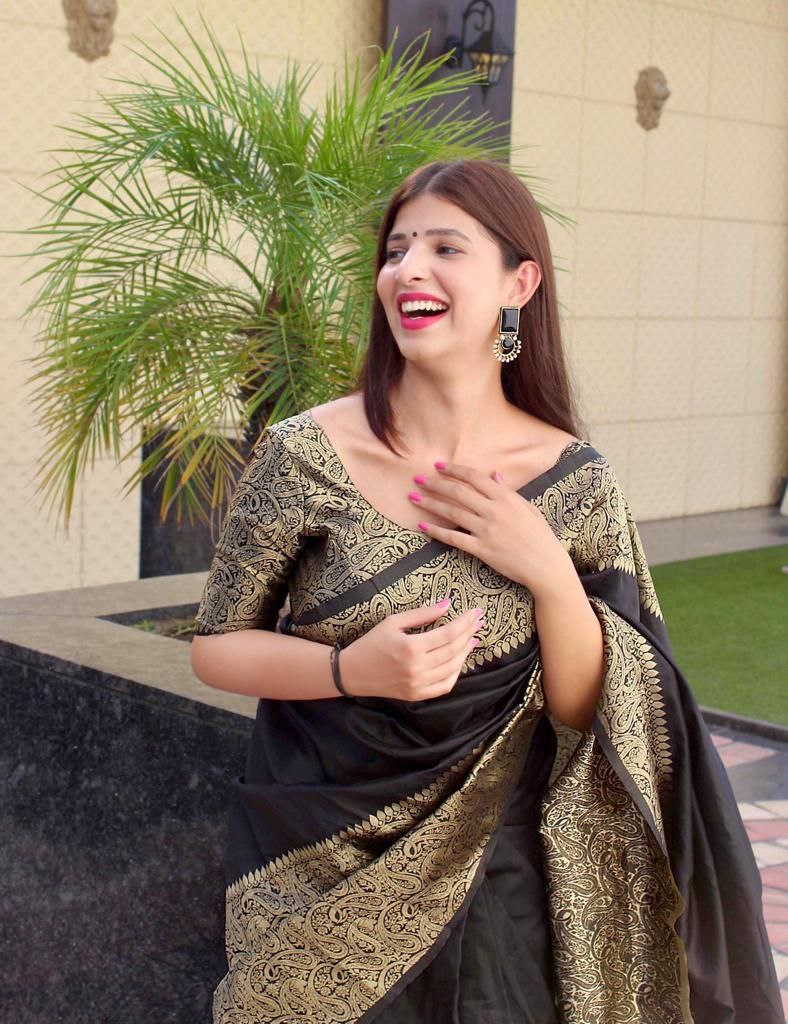 Elegant Black Soft Silk Saree With Splendid Blouse Piece