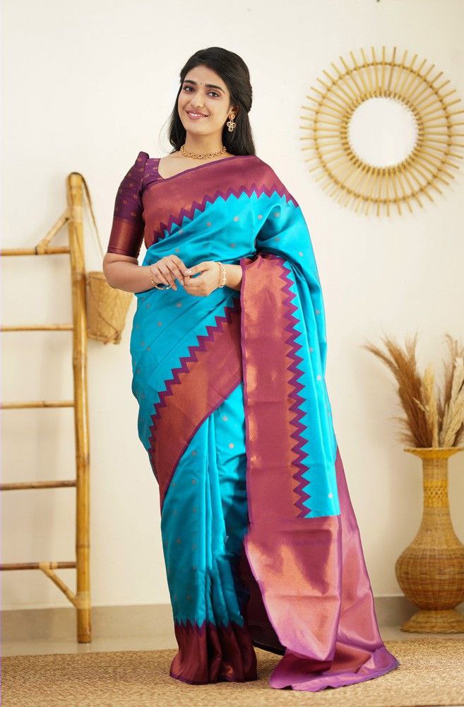 Articulate Firozi Soft Silk Saree With Supreme Blouse Piece