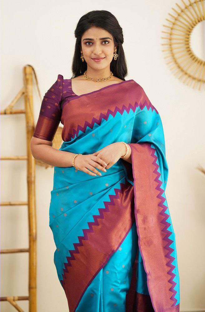 Articulate Firozi Soft Silk Saree With Supreme Blouse Piece
