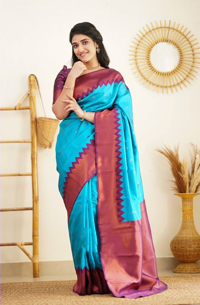 Articulate Firozi Soft Silk Saree With Supreme Blouse Piece