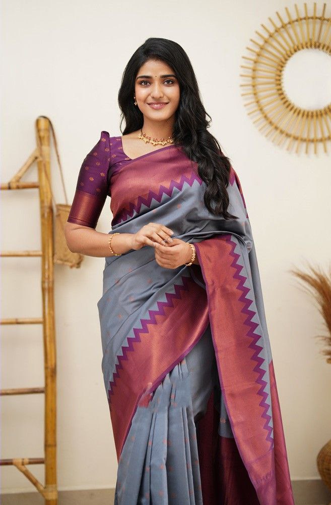 Expressive Grey Soft Silk Saree With Supreme Blouse Piece