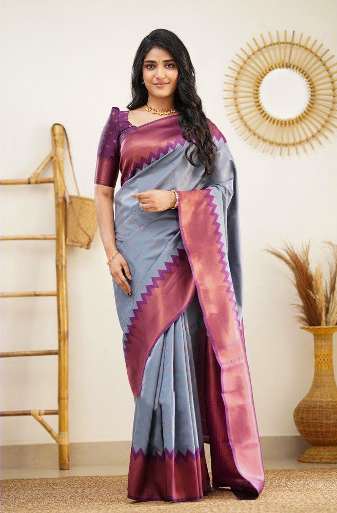 Expressive Grey Soft Silk Saree With Supreme Blouse Piece