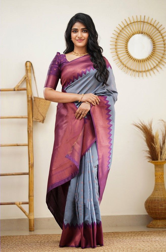 Expressive Grey Soft Silk Saree With Supreme Blouse Piece