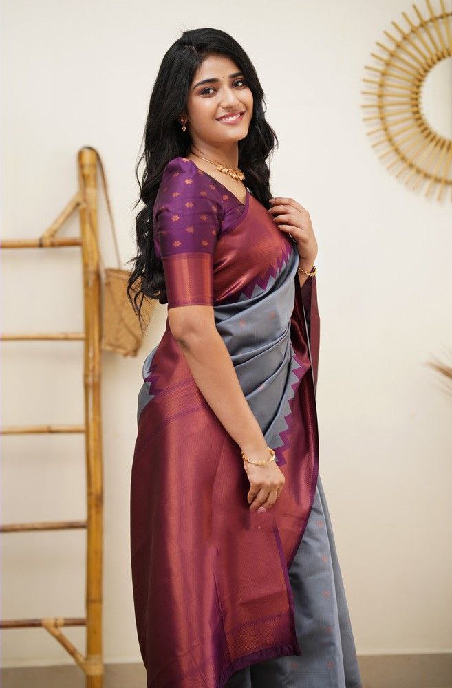 Expressive Grey Soft Silk Saree With Supreme Blouse Piece