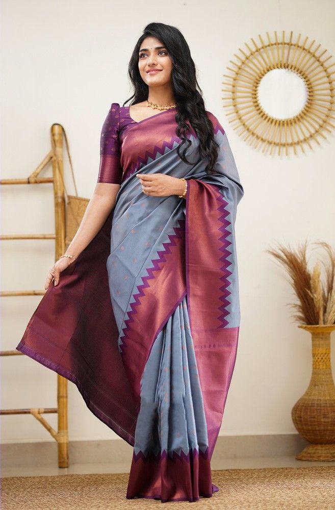 Expressive Grey Soft Silk Saree With Supreme Blouse Piece